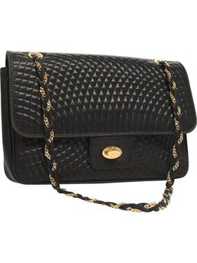 BALLY Quilted Chain Shoulder Bag Leather Black Gold
